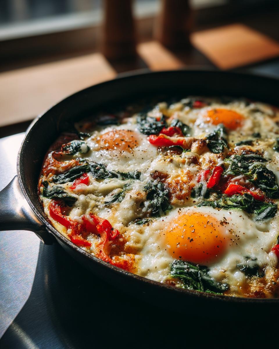 A skillet of One-Pan Breakfast Ideas featuring baked eggs with spinach, red peppers, and melted cheese.