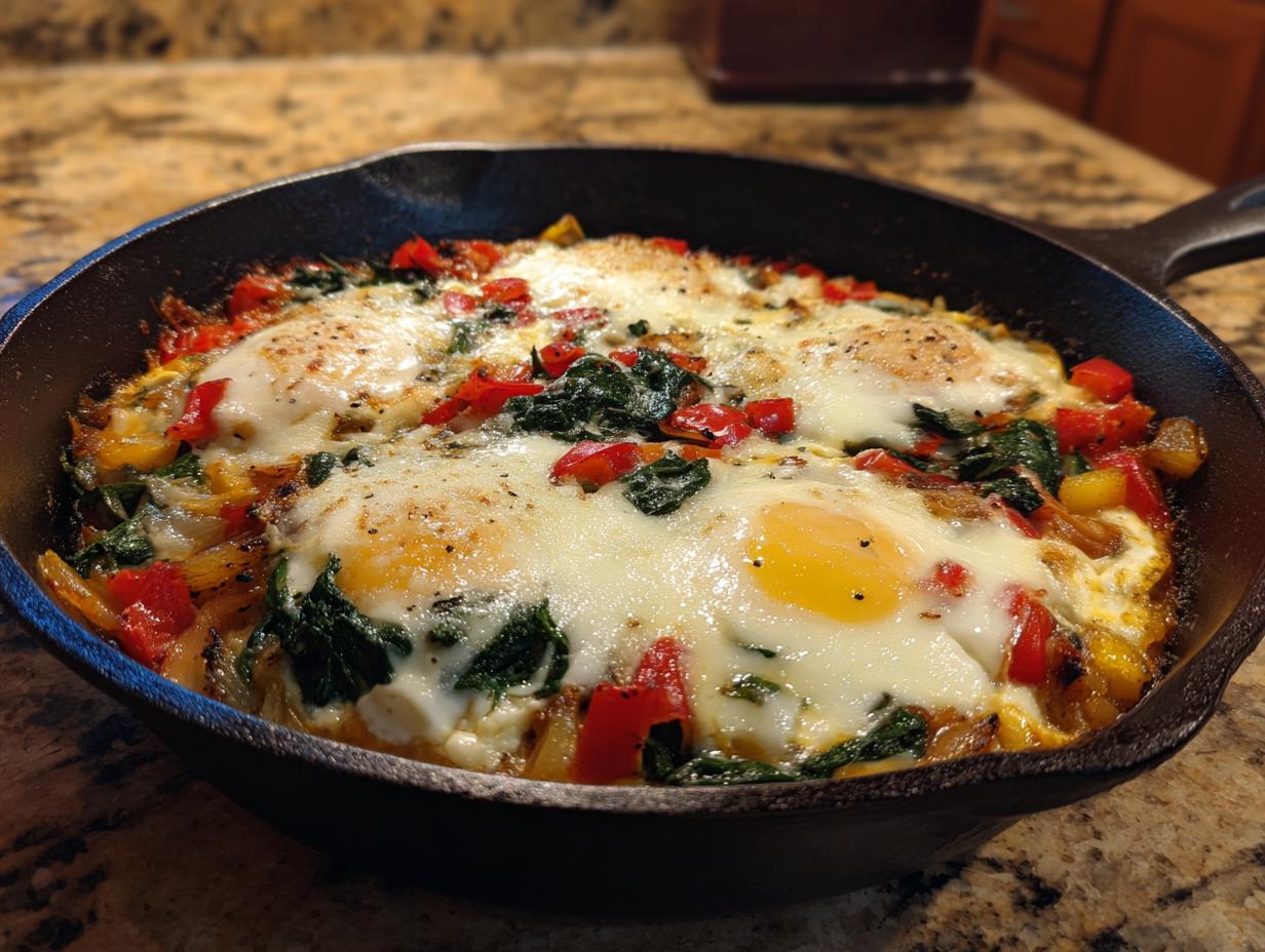 A delicious one-pan breakfast idea with eggs, spinach, and peppers cooked in a cast iron skillet.