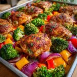 Sheet pan of One-Pan Chicken with colorful roasted vegetables like broccoli, bell peppers, and red onion.