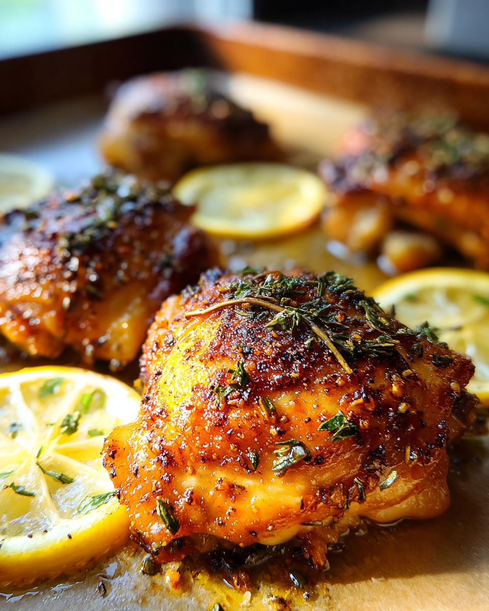 Close-up of One-Pan Chicken Thigh Recipes with lemon slices and herbs on a baking sheet.