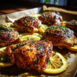 Juicy one-pan chicken thigh recipes with lemon and herbs, baked on a sheet pan for minimal cleanup.