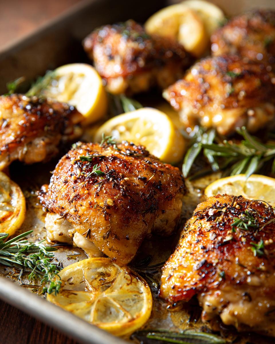 Close-up of One-Pan Chicken Thigh Recipes with lemon slices and herbs on a baking sheet.