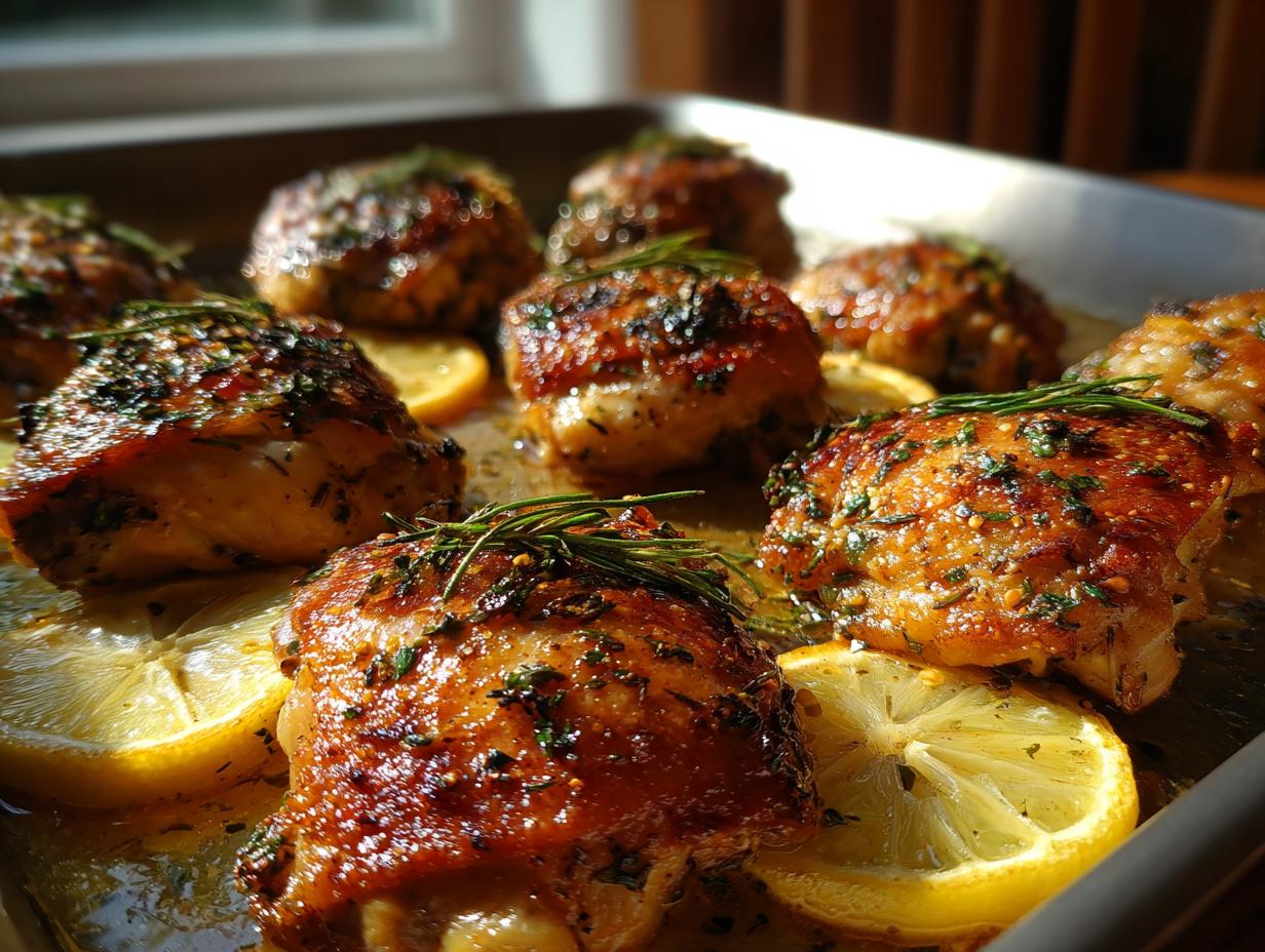 Golden brown One-Pan Chicken Thigh Recipes with lemon slices and herbs on a baking sheet, ready to serve.