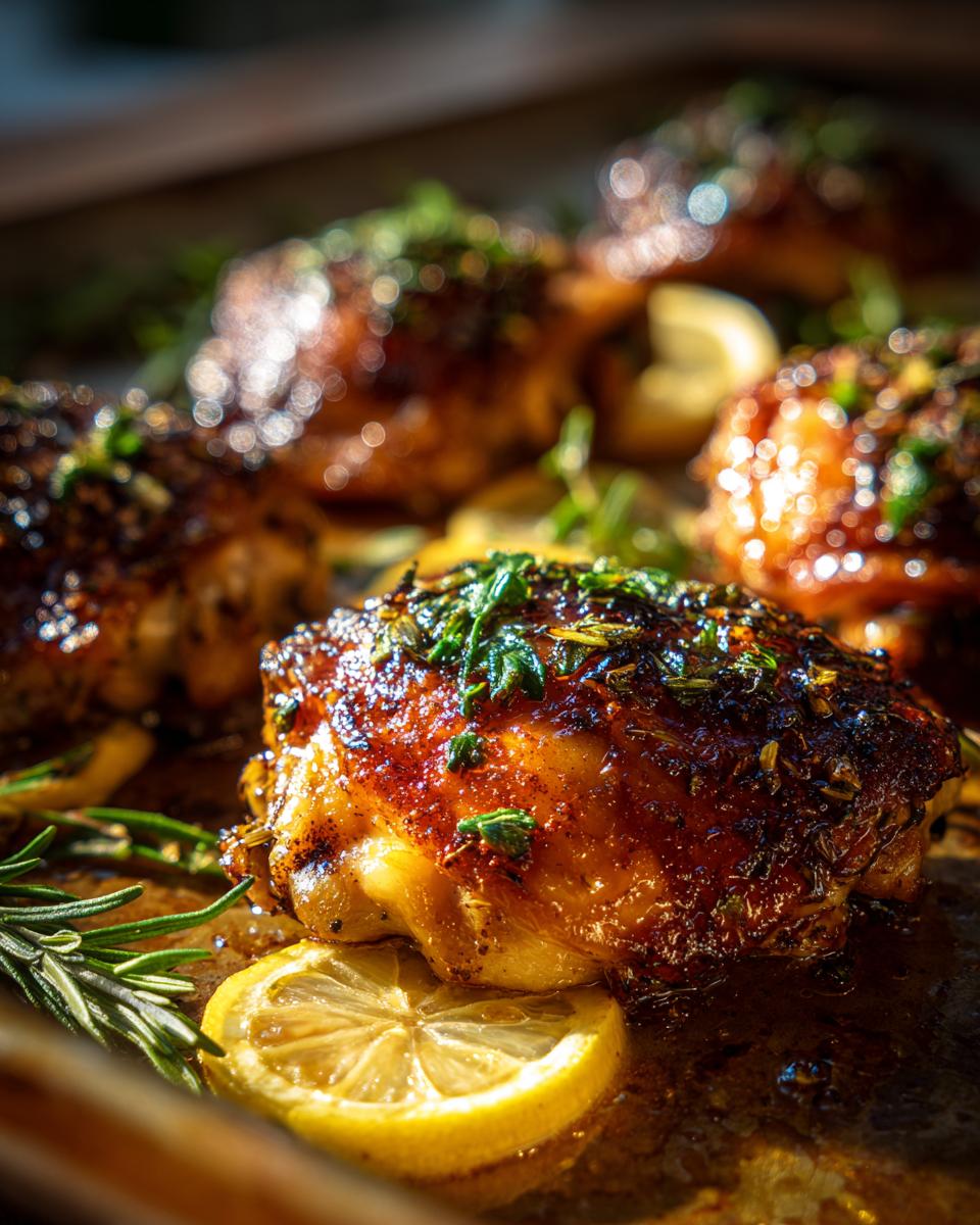 Close-up of glazed One-Pan Chicken Thigh Recipes with lemon and herbs on a baking sheet.