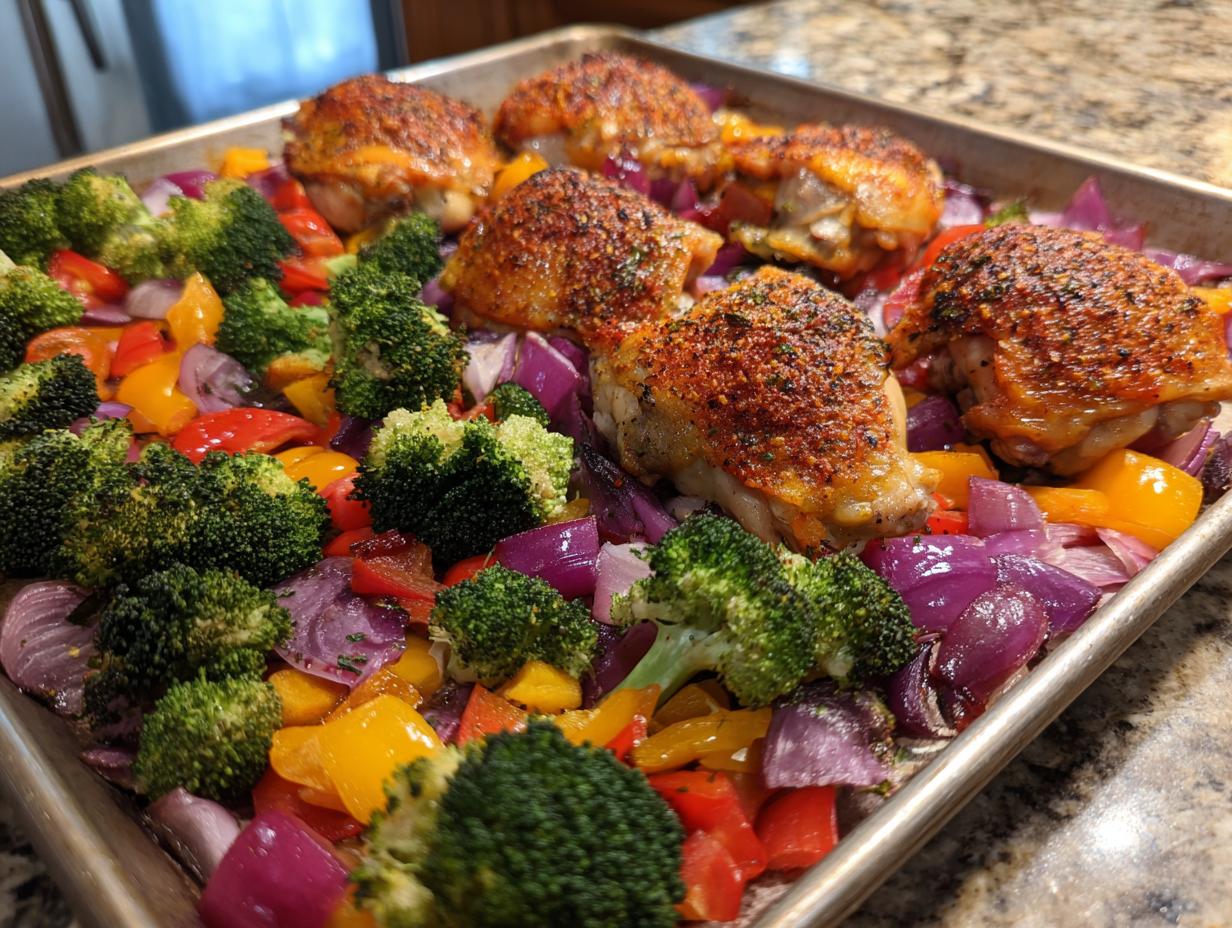 Sheet pan of One-Pan Chicken with broccoli, red onion, and bell peppers, ready to serve.