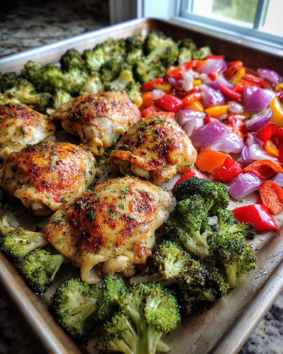 Overhead shot of One-Pan Chicken with broccoli, red onion, and bell peppers on a baking sheet.