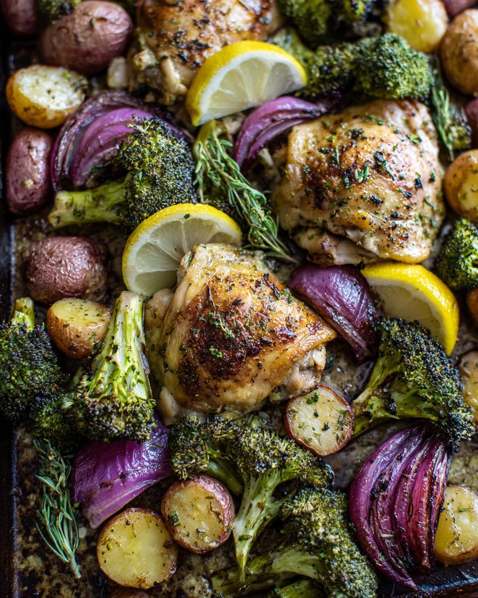 Overhead shot of a One-Pan Easy Dinner Recipes featuring roasted chicken thighs, broccoli, potatoes, and red onions with lemon wedges.