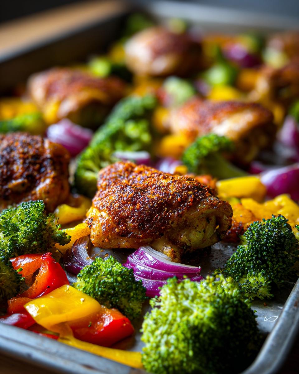 Close-up of One-Pan Chicken with broccoli, bell peppers, and red onion on a baking sheet.
