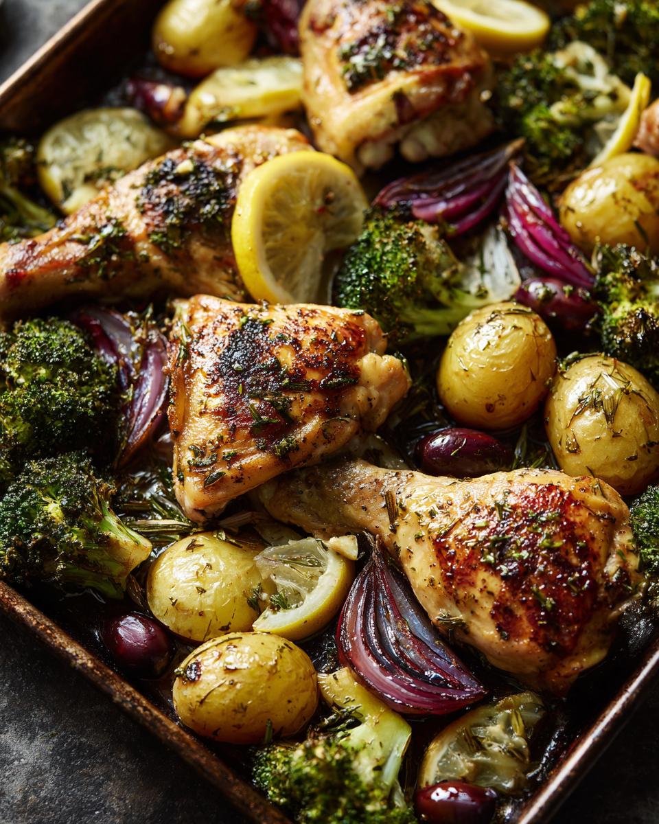 Roasted chicken with broccoli, potatoes, lemon, and red onion on a pan, perfect for One-Pan Dinner Ideas.