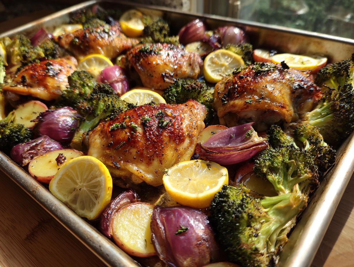One-pan dinner ideas featuring roasted chicken thighs with broccoli, red onions, potatoes, and lemon slices.