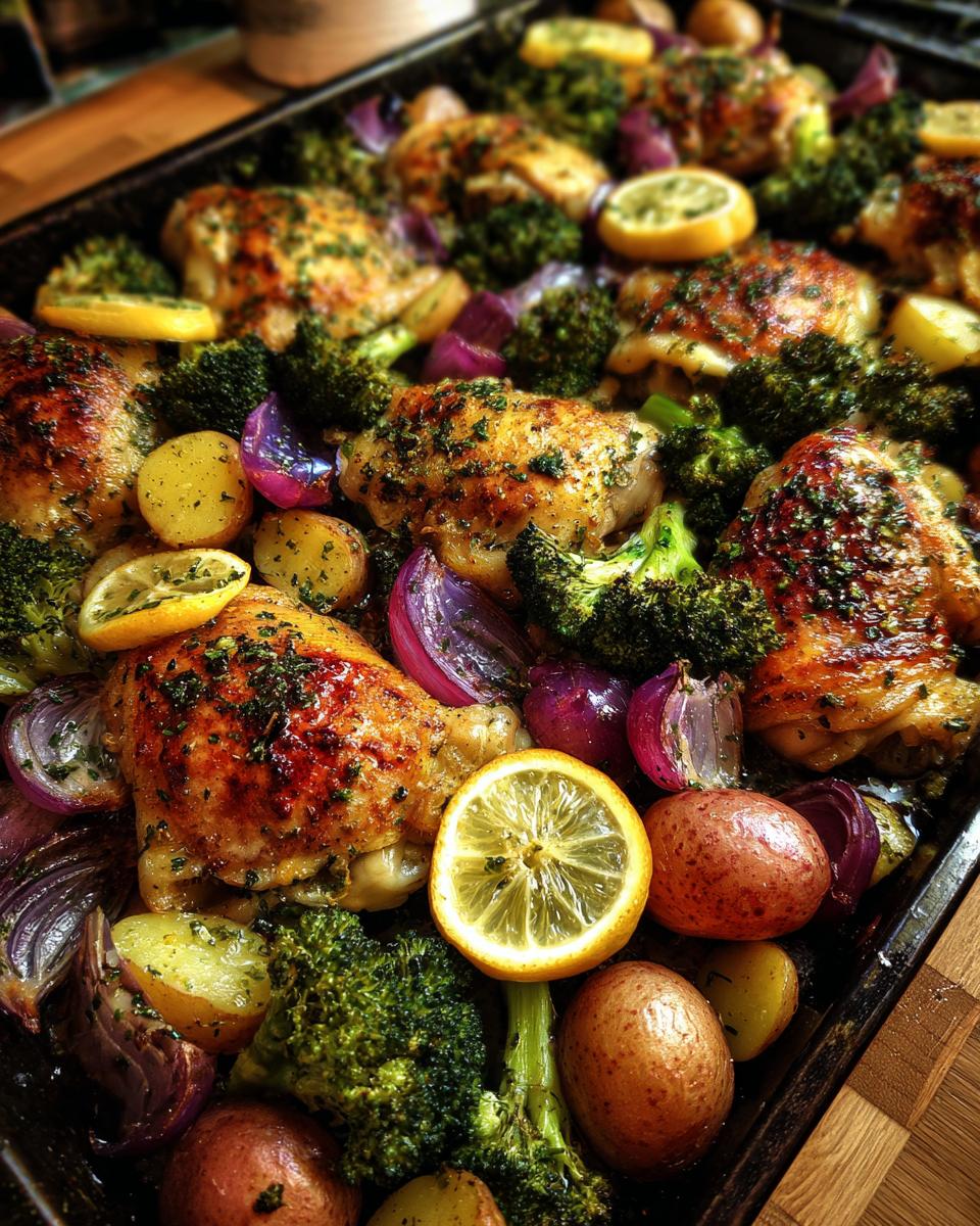 One-pan dinner ideas: Roasted chicken with broccoli, potatoes, red onions, and lemon slices on a baking sheet.