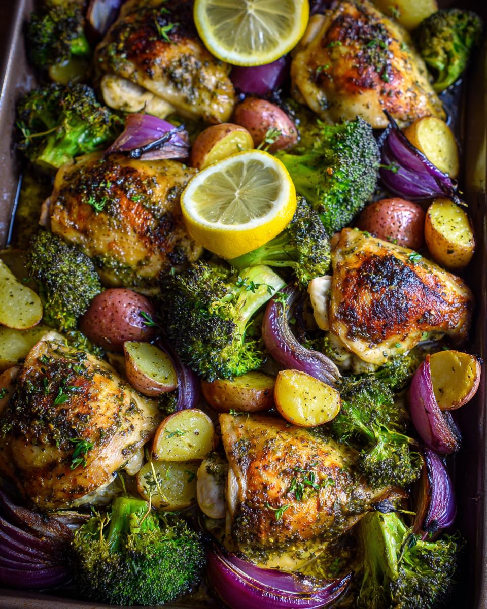 Overhead shot of a one-pan easy dinner recipe with roasted chicken thighs, broccoli, potatoes, and red onion.