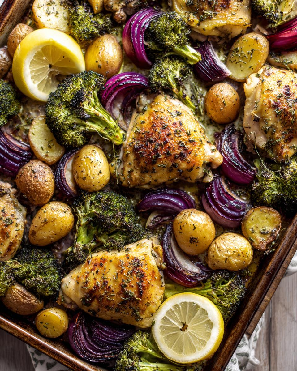 Overhead shot of a One-Pan Easy Dinner Recipes with roasted chicken thighs, broccoli, potatoes, and red onions.