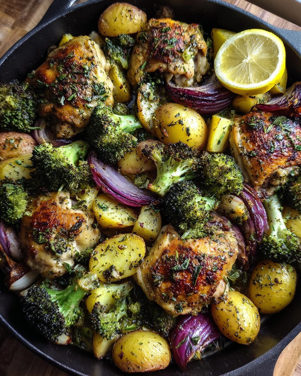 Overhead view of One-Pan Easy Dinner Recipe with roasted chicken, broccoli, potatoes, and red onion in a cast iron skillet.