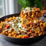 One-Pan Ground Beef Recipe with pasta, tomatoes, and melted cheese being lifted with a spoon.