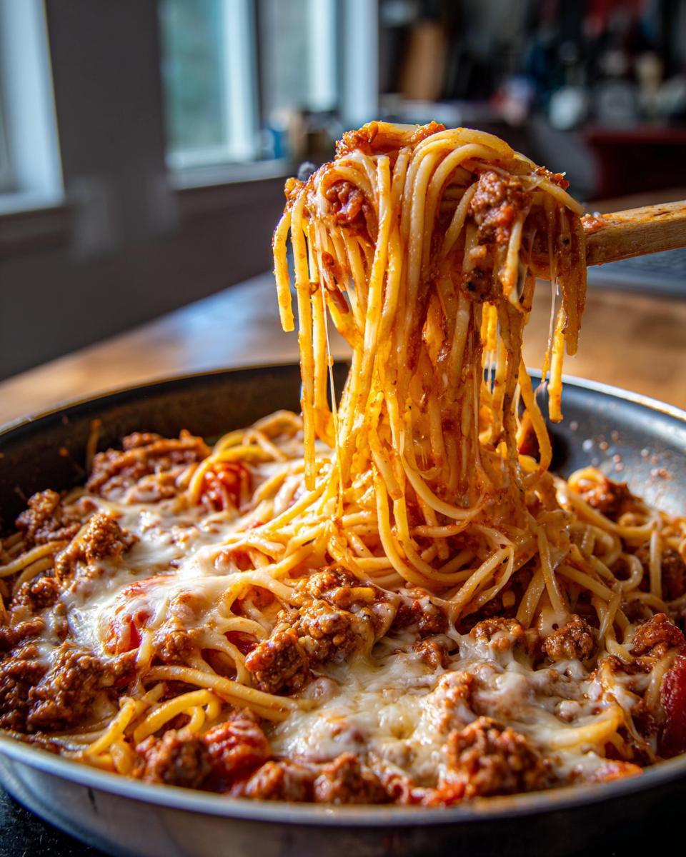 Close-up of One-Pan Ground Beef Recipes: Spaghetti with meat sauce and melted cheese being lifted with a wooden spoon.