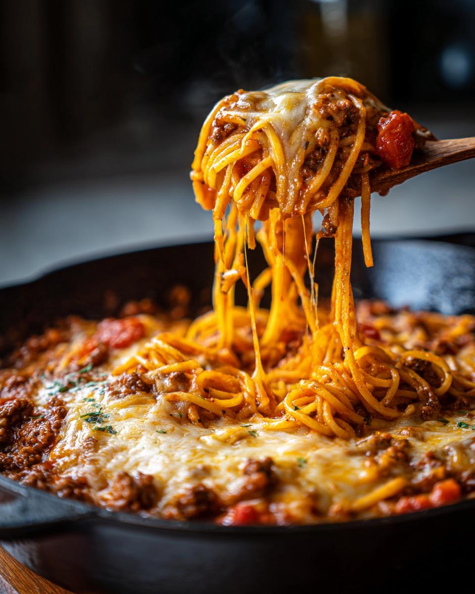 Cheesy spaghetti with ground beef being lifted from a skillet, showcasing a delicious One-Pan Ground Beef Recipe.