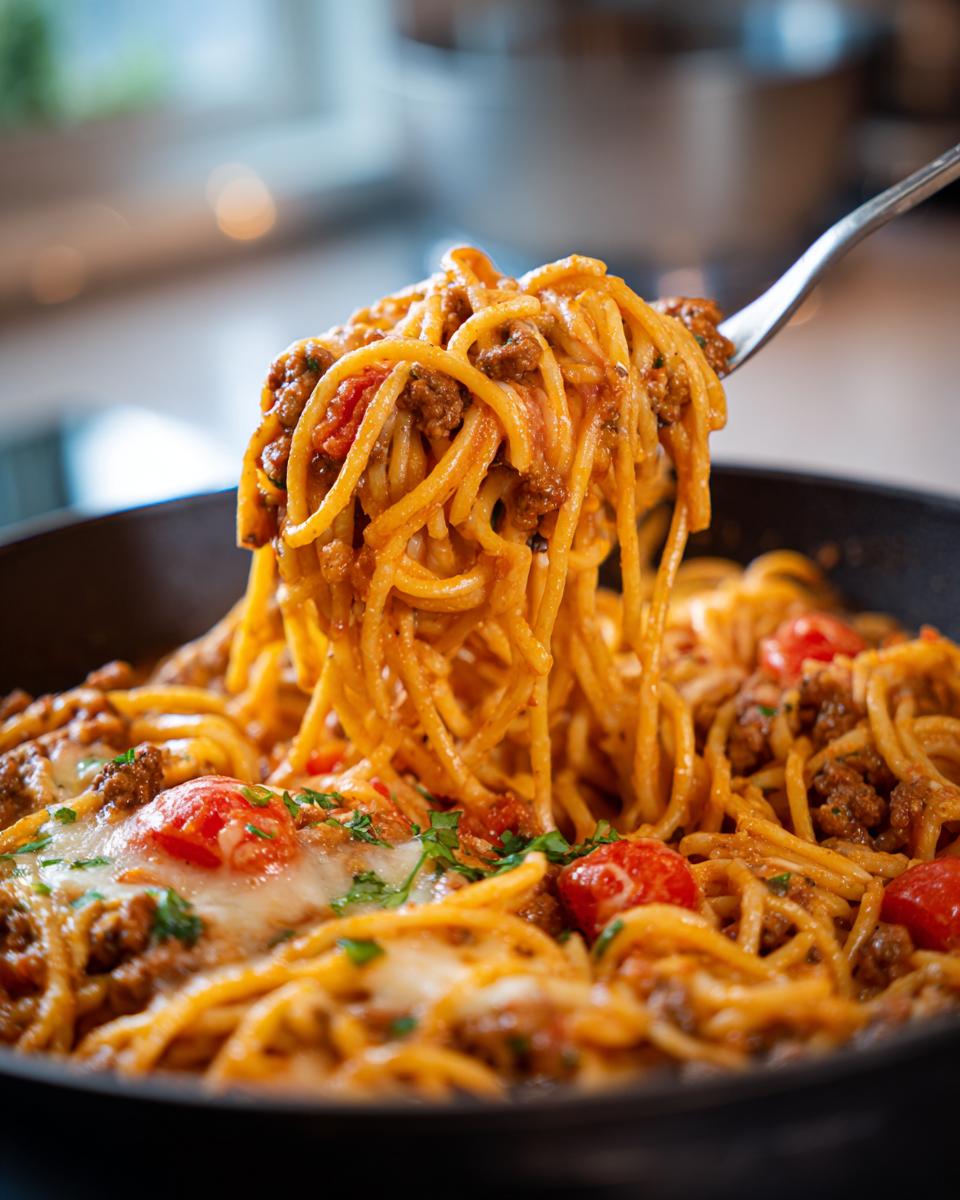 One-pan ground beef recipe with spaghetti, tomatoes, and melted cheese being lifted with a fork.