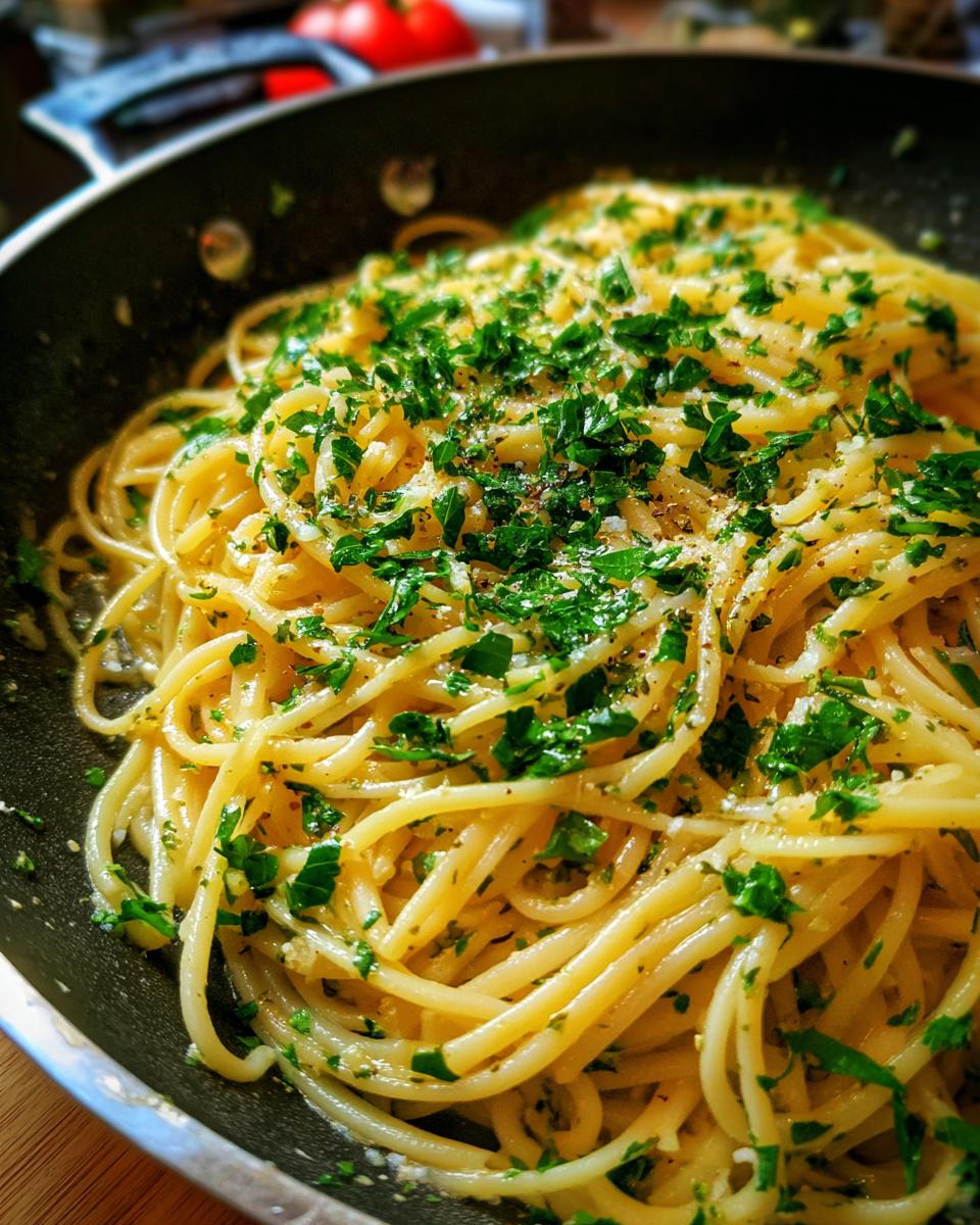 Close-up of One-Pan Pasta Recipes, featuring spaghetti with fresh parsley, garlic, and seasonings in a black pan.