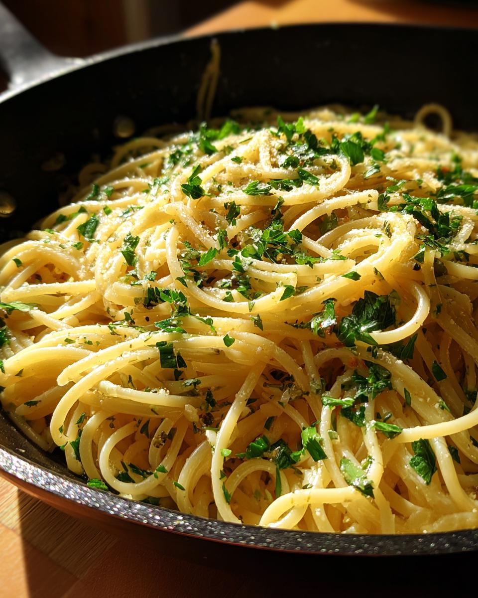 Close-up of One-Pan Pasta Recipes, showing spaghetti with parsley and Parmesan cheese in a pan.
