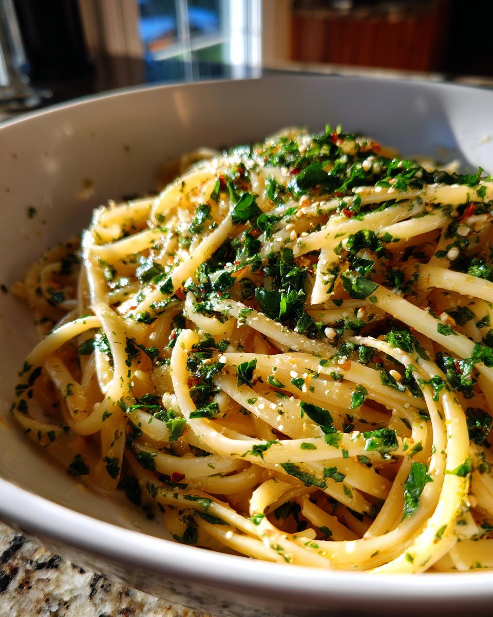 Close-up of a bowl of one-pan pasta recipes, featuring linguine with herbs and spices.