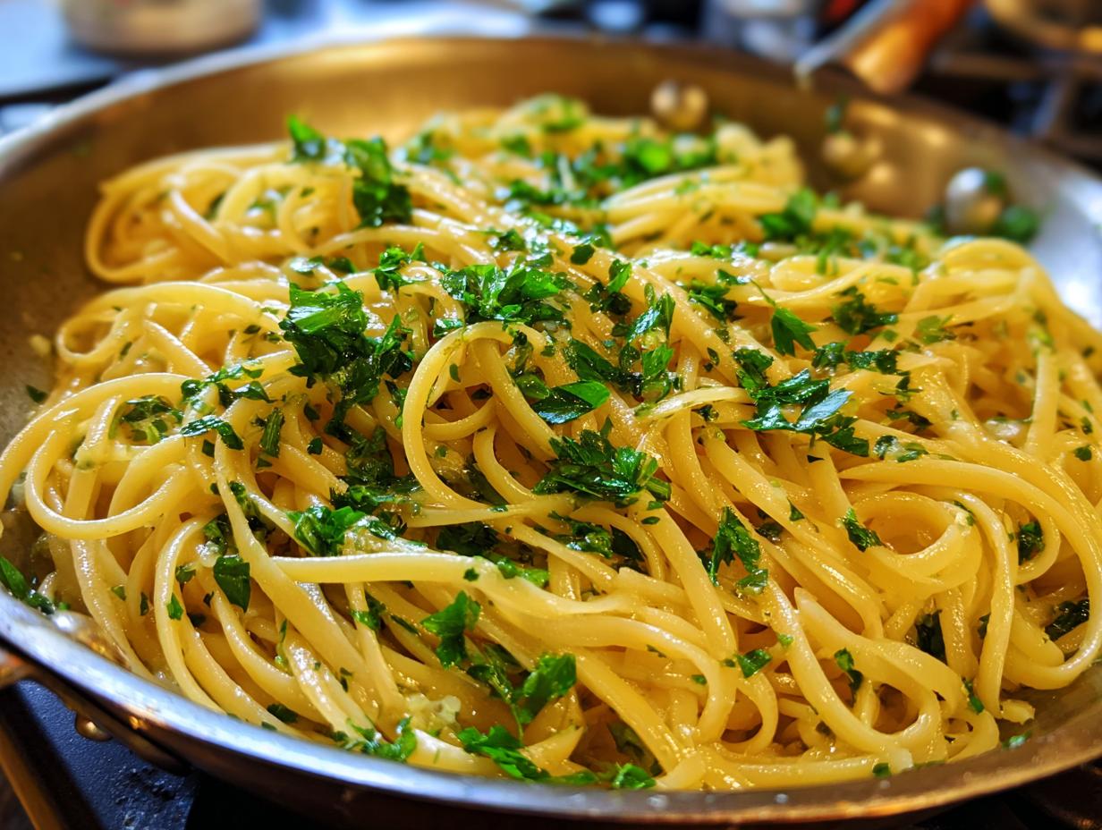 Close-up of a One-Pan Pasta Recipe with linguine, herbs, and a light sauce in a skillet.