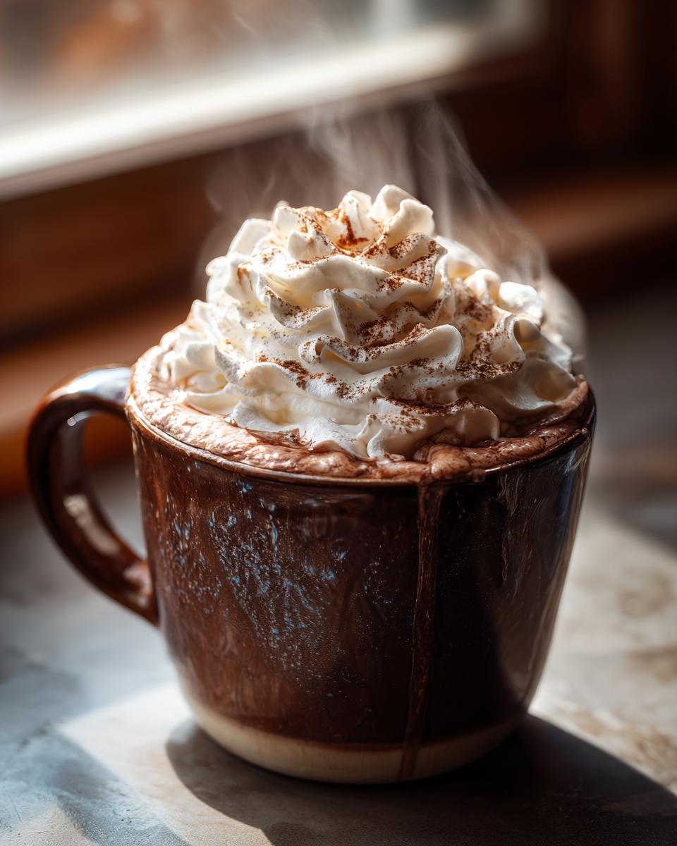 A steaming mug of a One-Pan Starbucks Drink, topped with a generous swirl of whipped cream and a dusting of cocoa.
