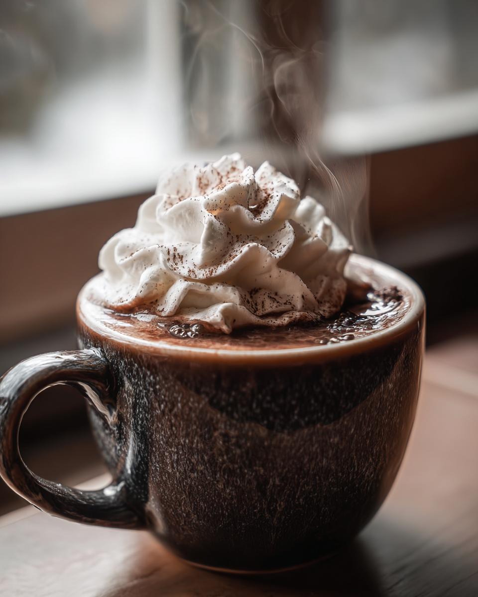 Steaming mug of hot chocolate topped with whipped cream and cocoa powder, perfect for One-Pan Starbucks Drinks.