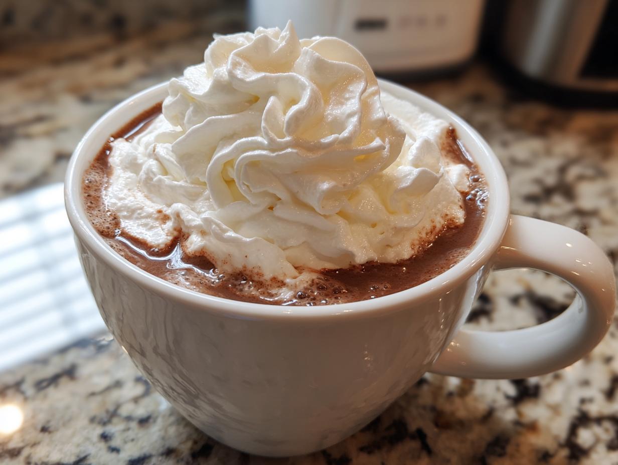 A mug of hot chocolate topped with whipped cream, perfect for One-Pan Starbucks Drinks (Minimal Cleanup).