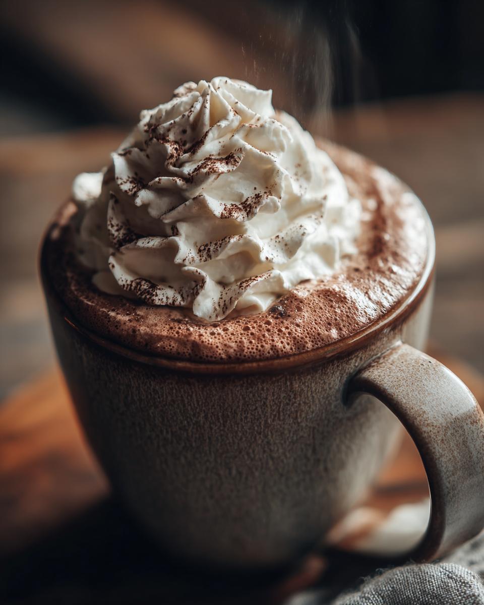 Steaming mug of hot chocolate with whipped cream, perfect for One-Pan Starbucks Drinks.