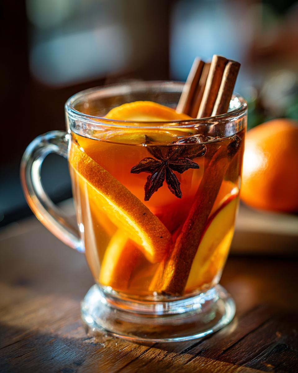 Festive One-Pan Thanksgiving Drinks: Spiced orange cider with cinnamon sticks and star anise in a glass mug.