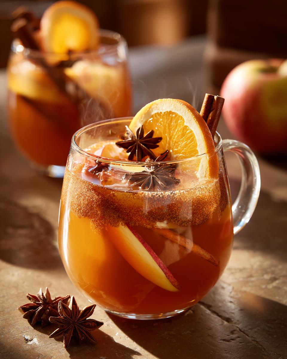 A steaming mug of One-Pan Thanksgiving Drinks, garnished with orange slice, star anise, and cinnamon stick.