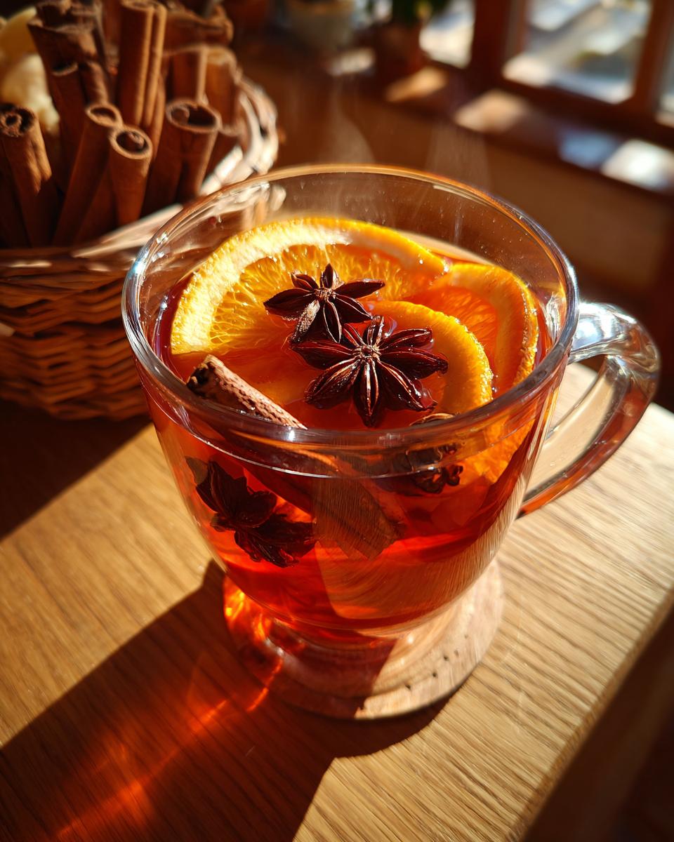 A glass mug of One-Pan Thanksgiving Drinks with orange slices, star anise, and cinnamon sticks.
