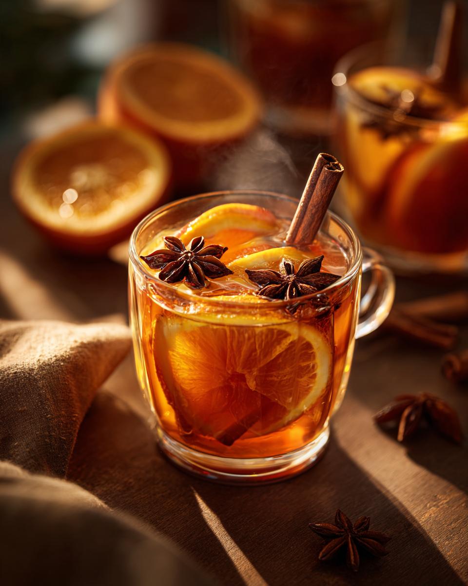 Steaming mug of One-Pan Thanksgiving Drinks with orange slices, cinnamon stick, and star anise.