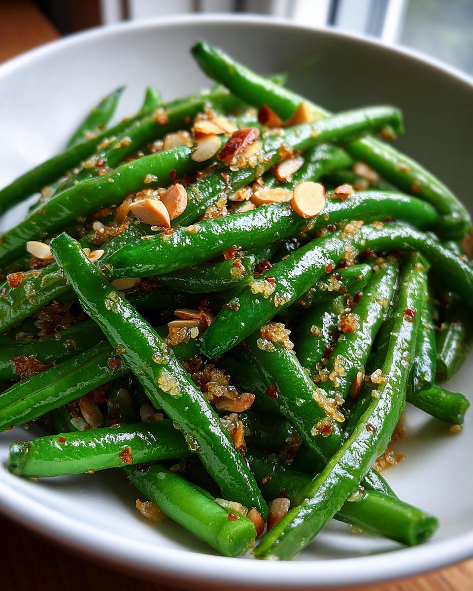Close-up of One-Pan Thanksgiving Green Beans topped with toasted almonds and seasonings in a white bowl.