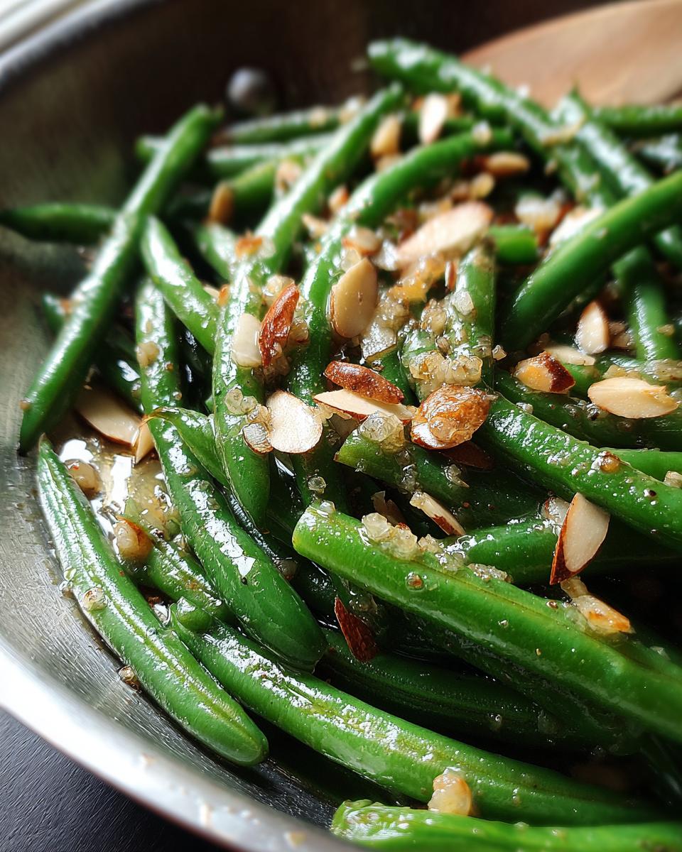 Close-up of One-Pan Thanksgiving Green Beans topped with toasted almonds and sauteed garlic in a skillet.