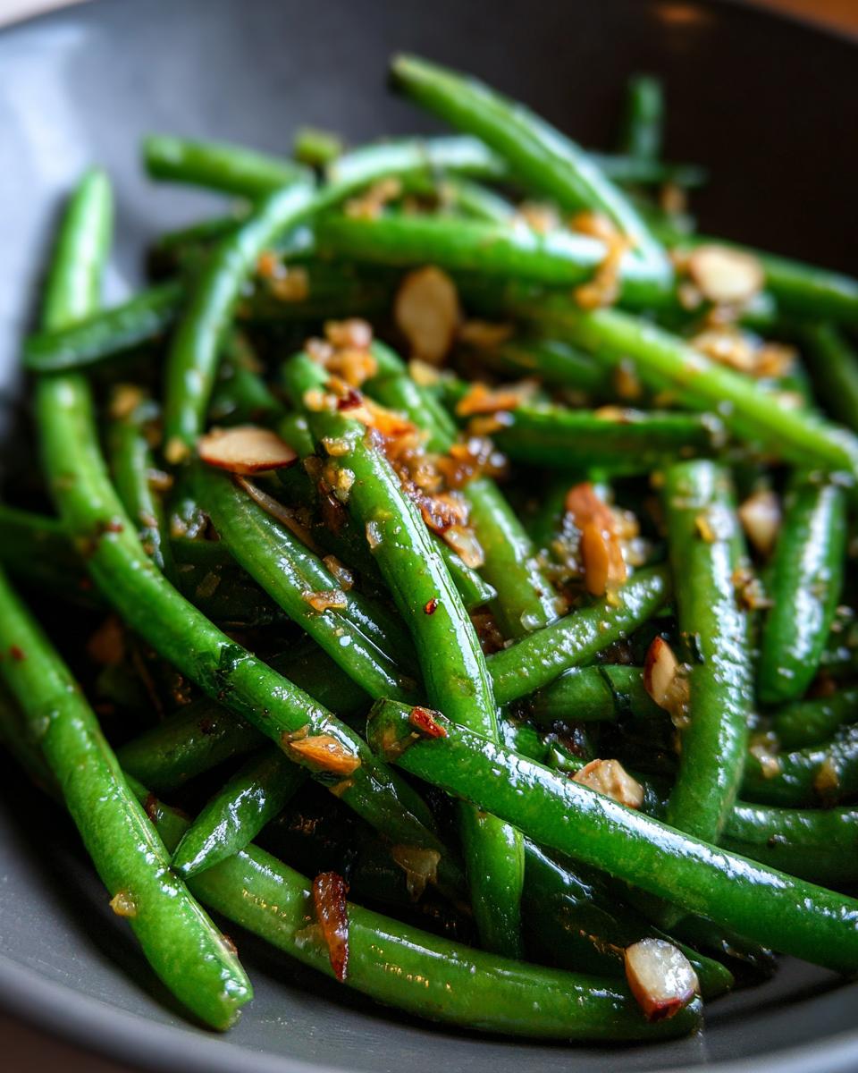 Close-up of One-Pan Thanksgiving Green Beans with toasted almonds in a gray bowl.