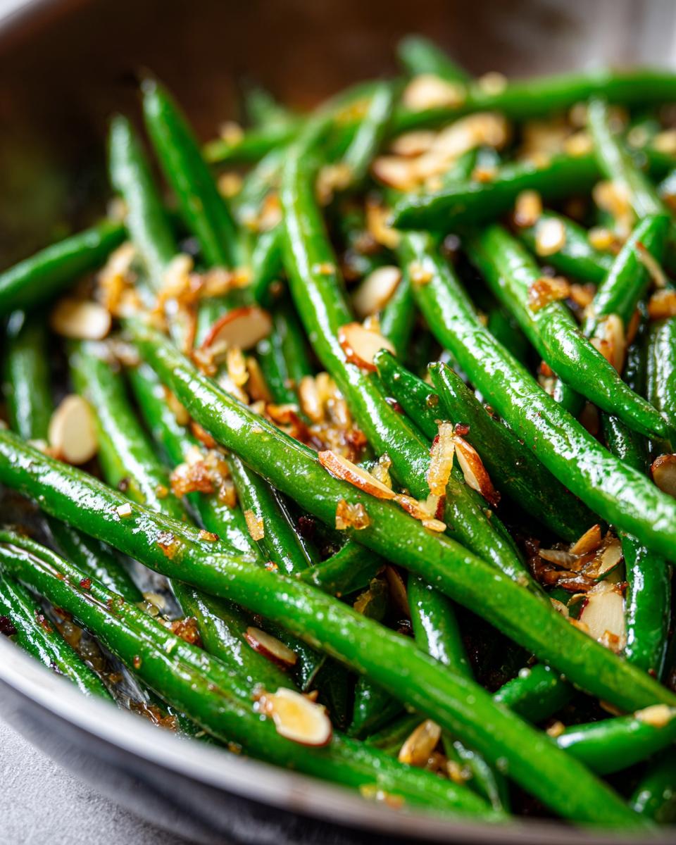 Close-up of One-Pan Thanksgiving Green Beans with toasted almonds and crispy fried shallots.