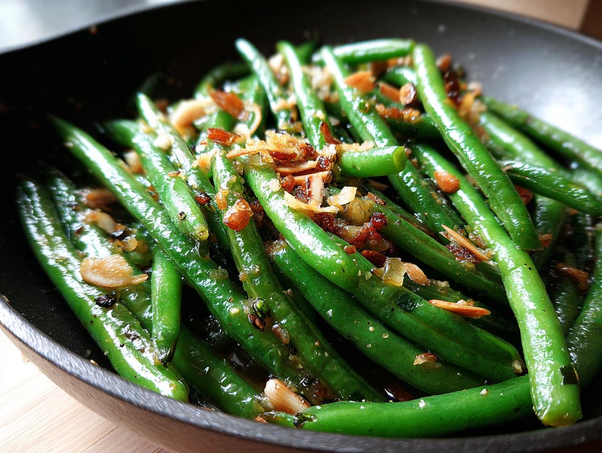 Close-up of One-Pan Thanksgiving Green Beans, featuring toasted almonds and garlic in a skillet.