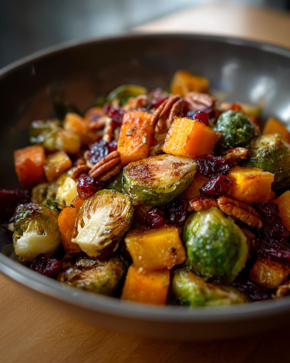 Close-up of a One-Pan Thanksgiving Salad with roasted Brussels sprouts, butternut squash, cranberries, and pecans.