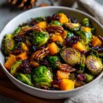 A colorful One-Pan Thanksgiving Salad featuring roasted Brussels sprouts, butternut squash, cranberries, and pecans.