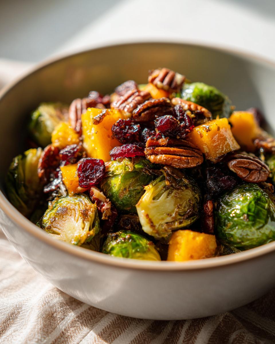 A bowl of One-Pan Thanksgiving Salad featuring roasted Brussels sprouts, butternut squash, pecans, and cranberries.