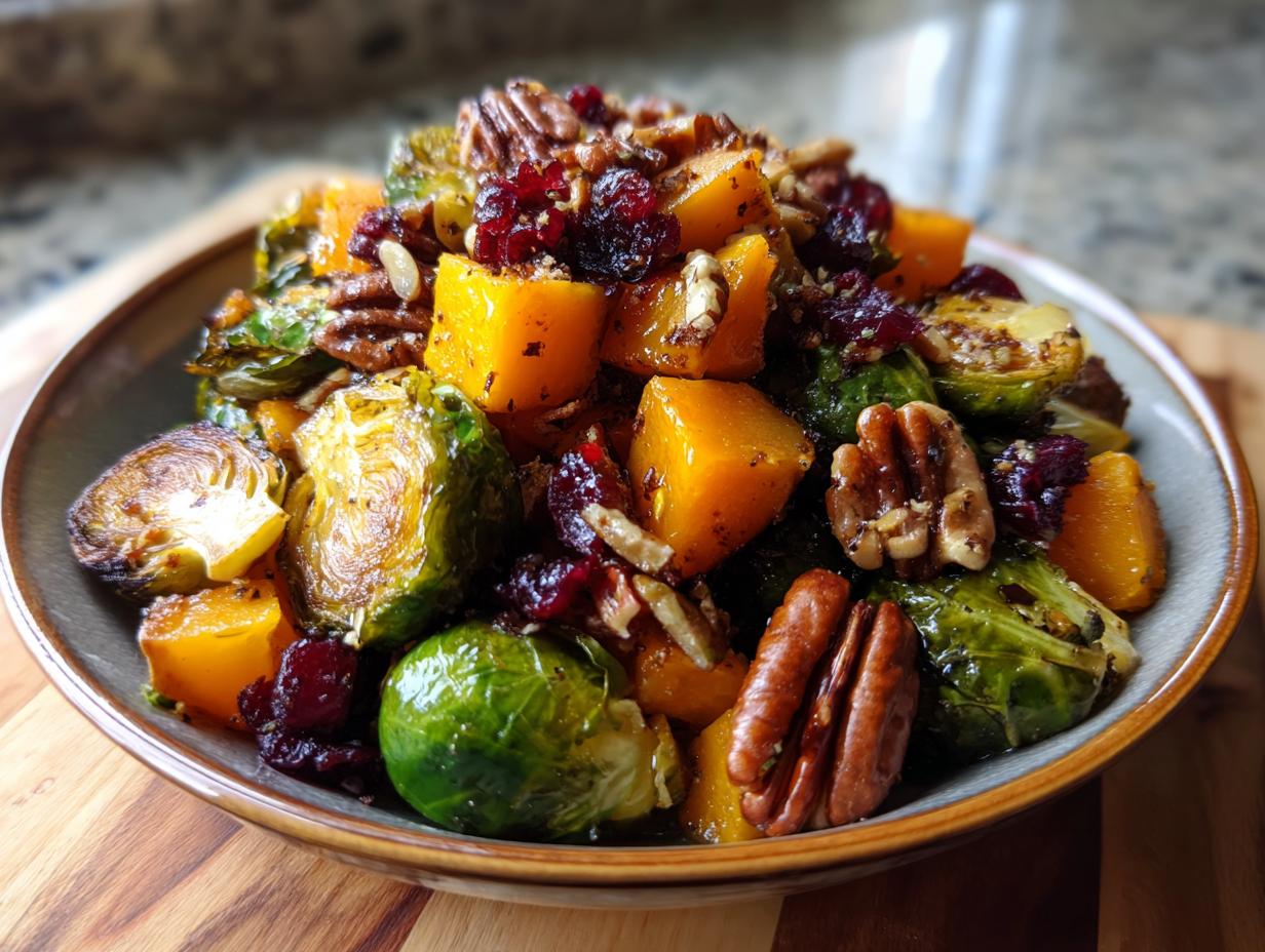 A colorful One-Pan Thanksgiving Salad with roasted butternut squash, Brussels sprouts, pecans, and cranberries.