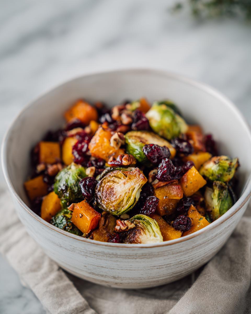 A bowl of One-Pan Thanksgiving Salad Recipe with roasted butternut squash, Brussels sprouts, cranberries, and pecans.