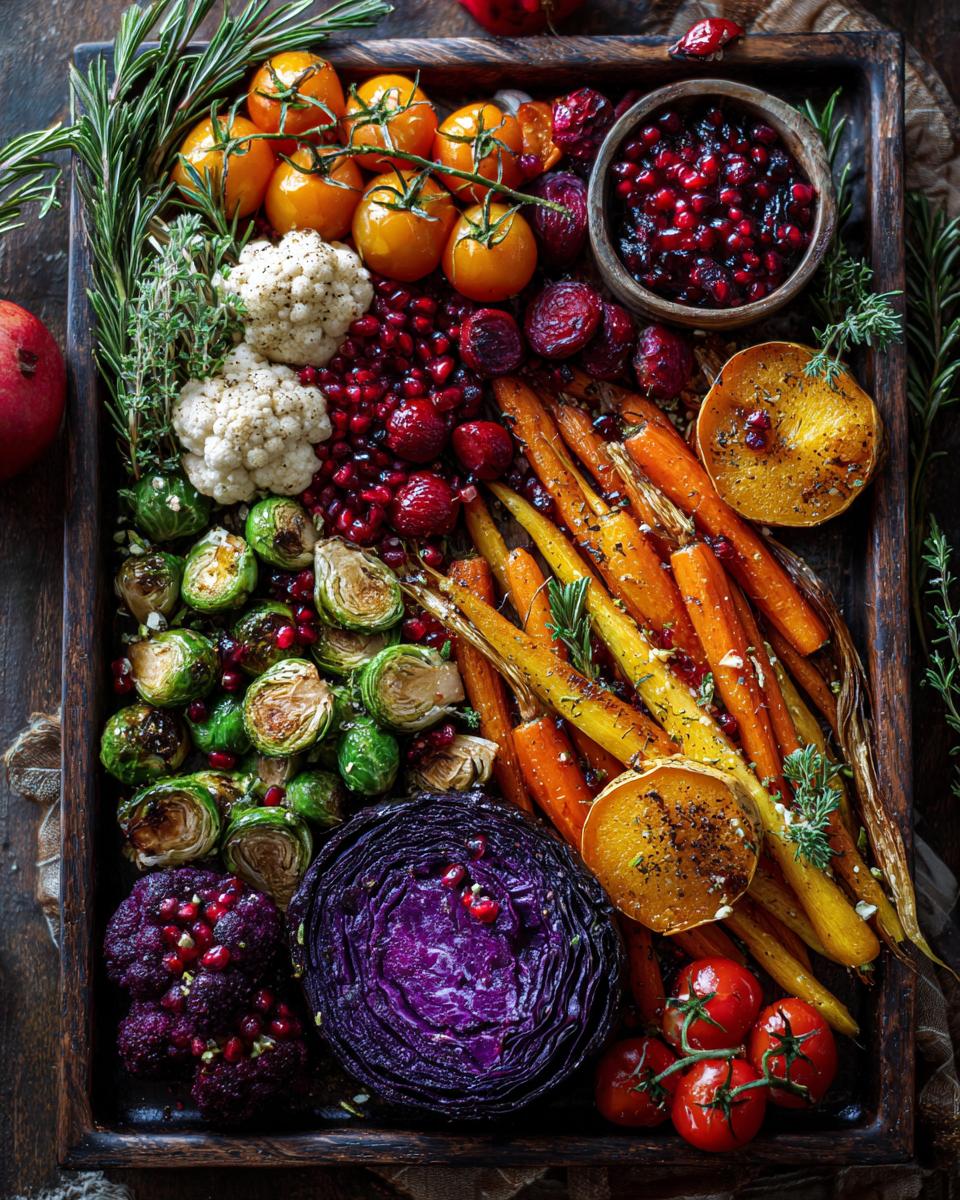 Overhead shot of a colorful One-Pan Thanksgiving Veggie Tray with roasted vegetables and pomegranate seeds.