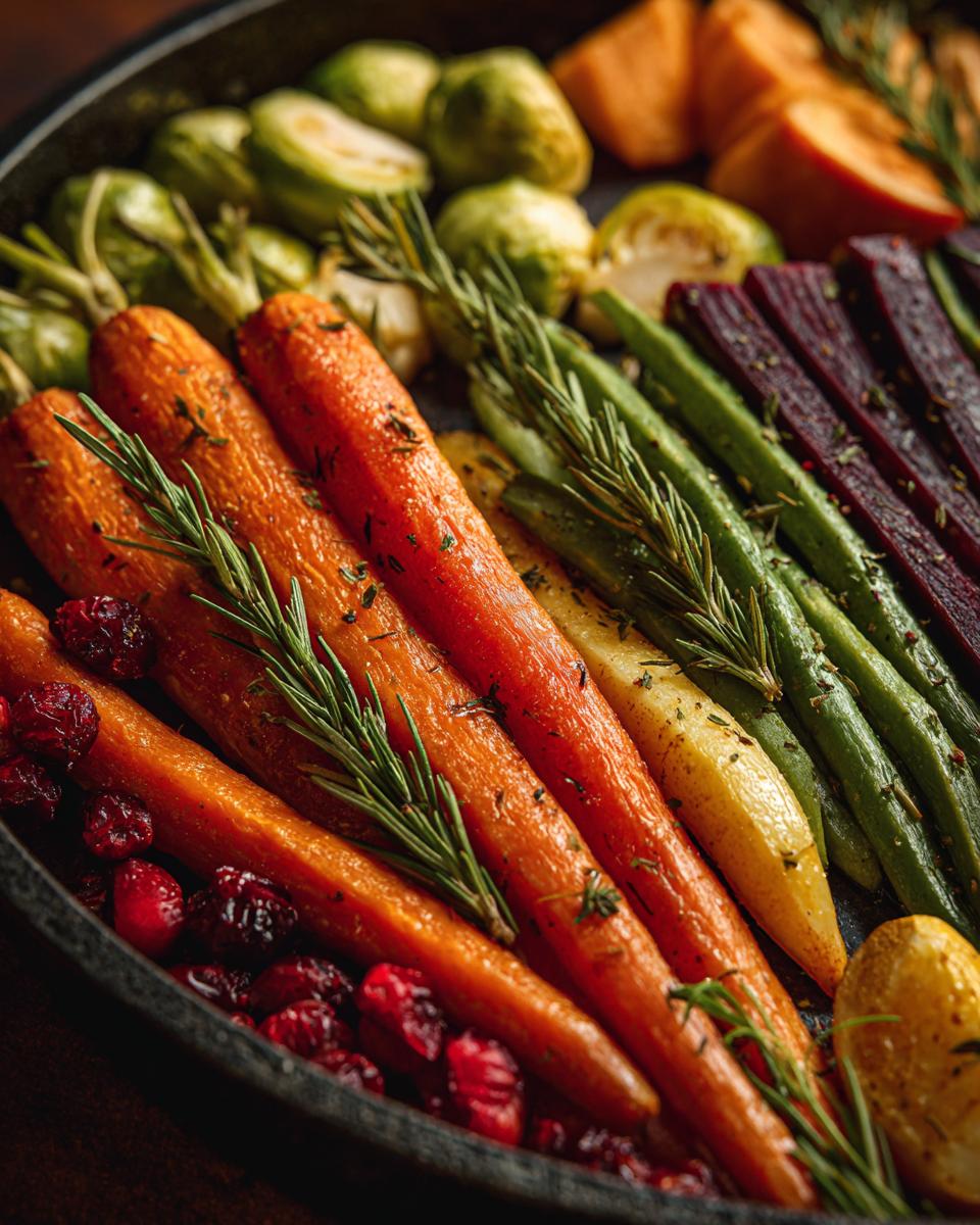 Close-up of a colorful One-Pan Thanksgiving Veggie Tray featuring roasted carrots, beets, brussel sprouts, and cranberries.