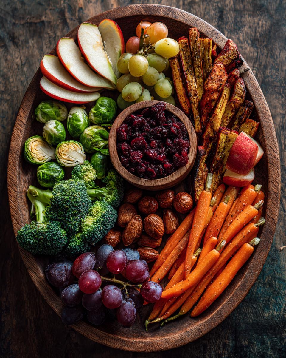 Overhead shot of a colorful One-Pan Thanksgiving Veggie Tray with roasted vegetables, fruits, nuts, and cranberry dip.