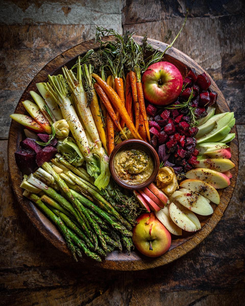 Overhead view of a colorful One-Pan Thanksgiving Veggie Tray with roasted vegetables and apples.