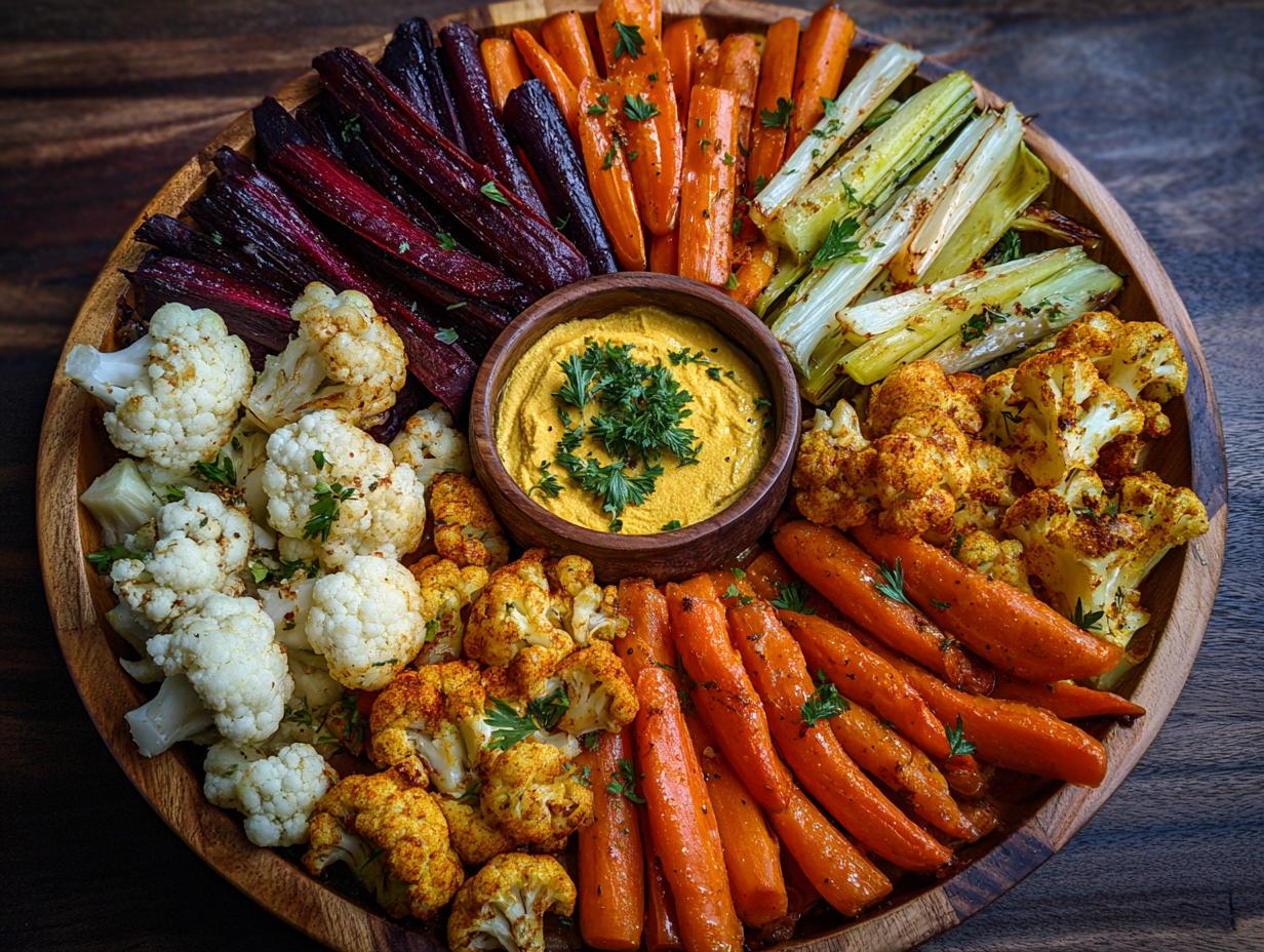 A colorful One-Pan Thanksgiving Veggie Tray featuring roasted vegetables and a creamy dip, ready to serve.