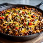 A close-up of a One-Pot Turkey Taco Skillet with melted cheese, black beans, tomatoes, and green peppers.
